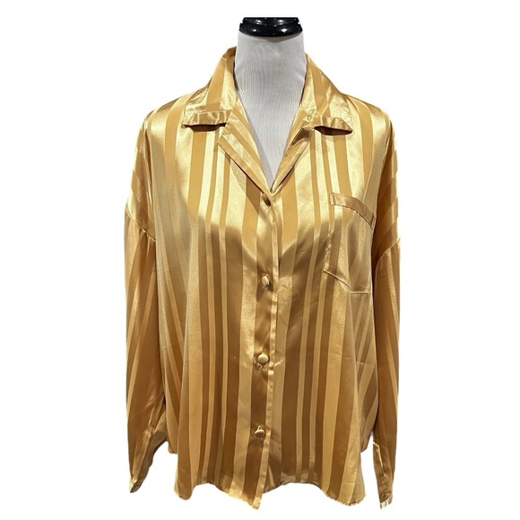 Vintage 90s Y2K Gold Oversized Striped Satin Top Size Large - Picture 1 of 7